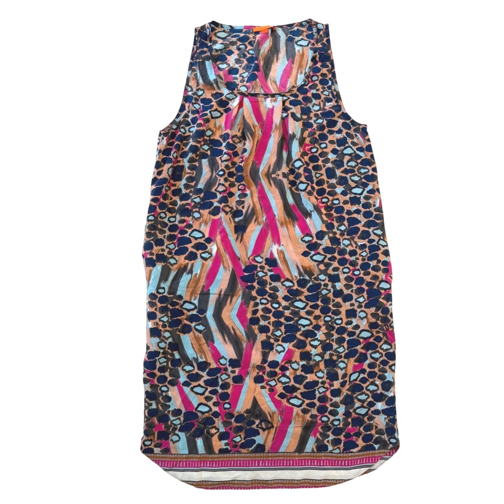 Glam Womens 100% Silk Abstract Animal Print Shift Dress Pink Blue DS646 Medium
